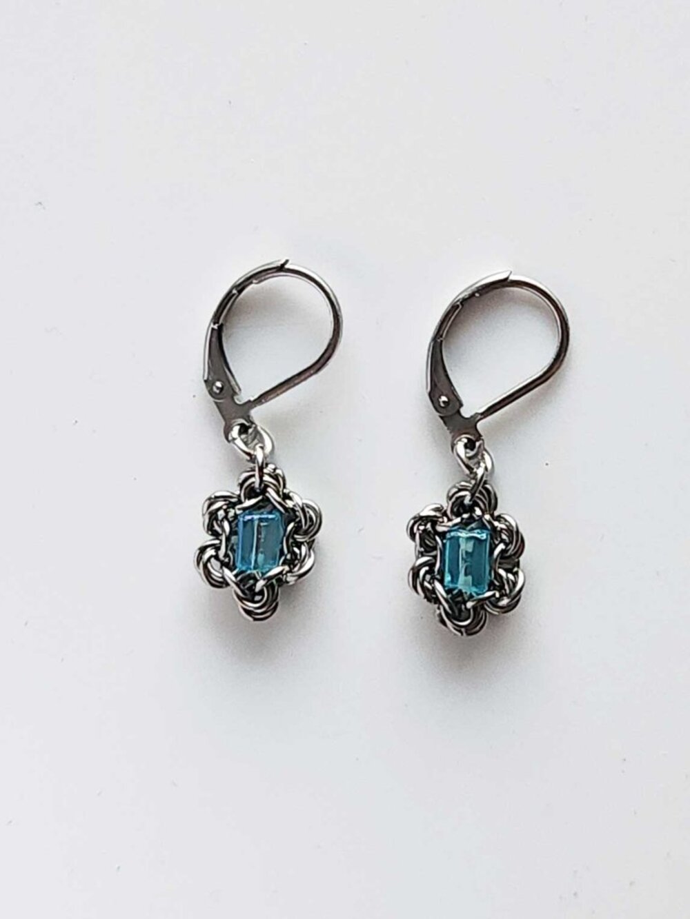 Silver and aqua blue lever back dangly earrings - Picture 2 of 8